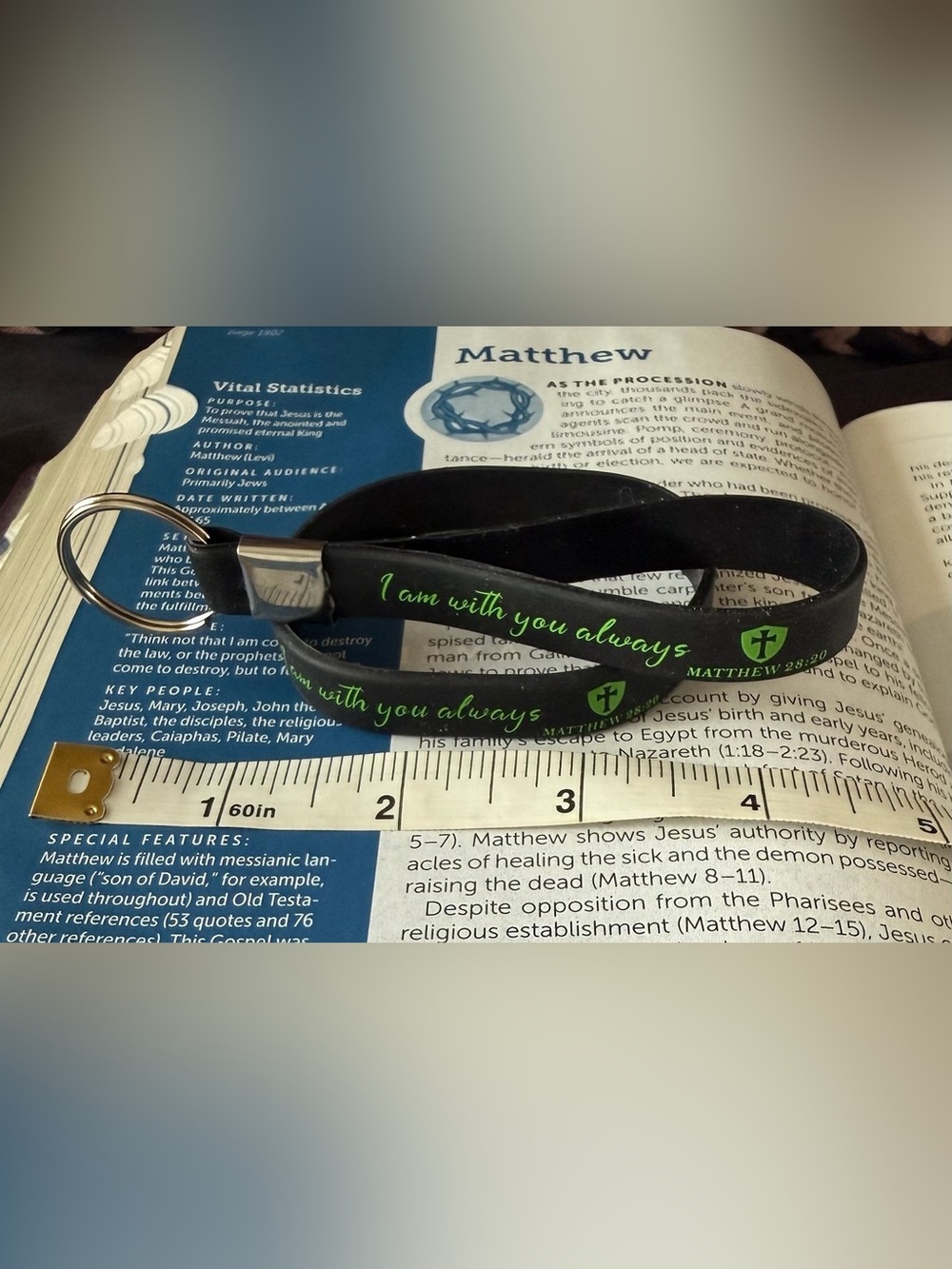 Black Silicone Bracelet & Keychain"I am with you always" with Green Script